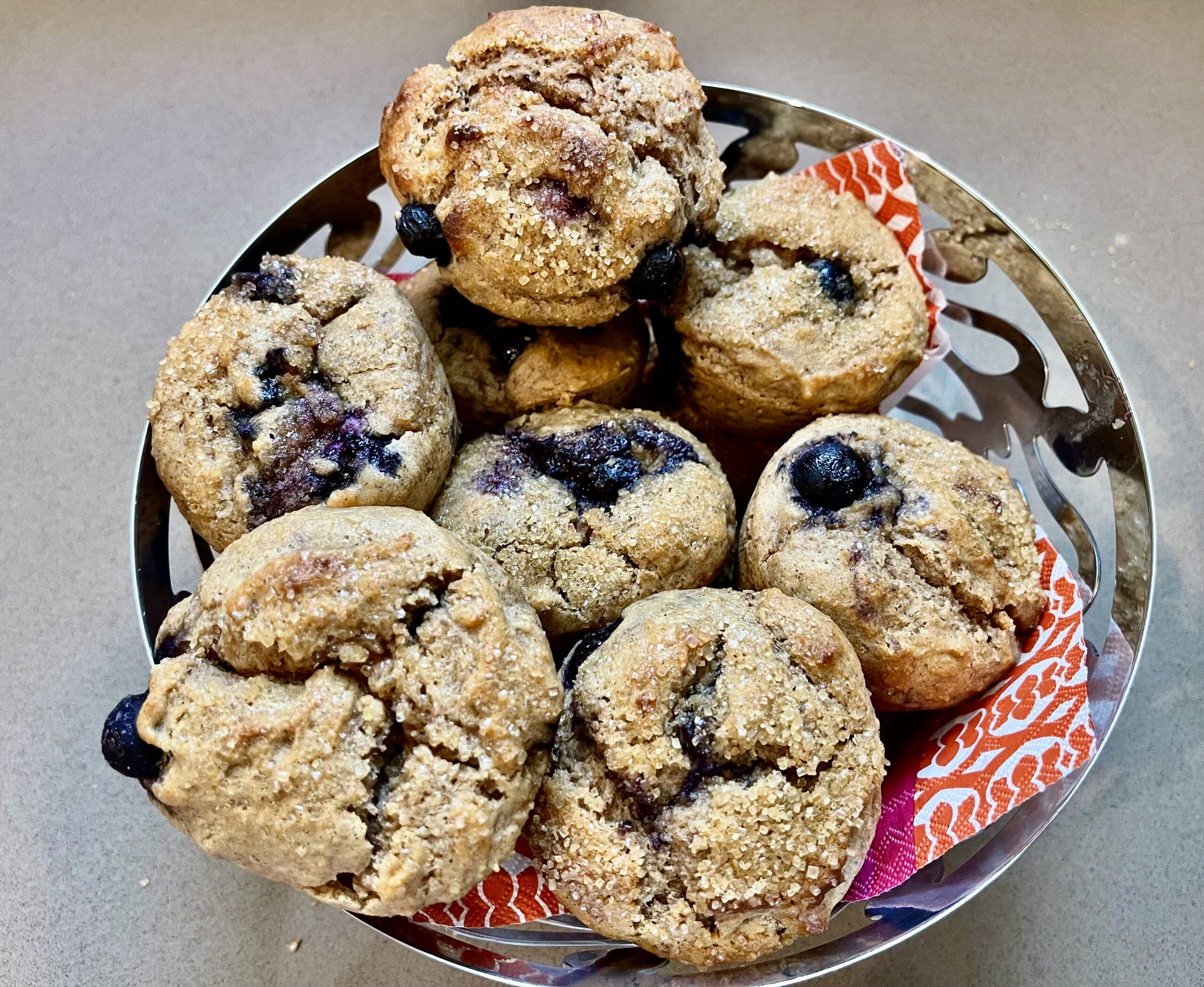 photo of basket of healthy protein packed blueberry muffins